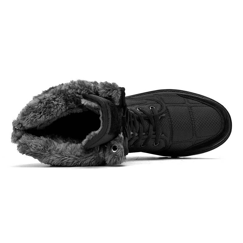 Top view of black leather waterproof non-slip hiking boot for men with fur lining and lace-up closure, SF0962 model.